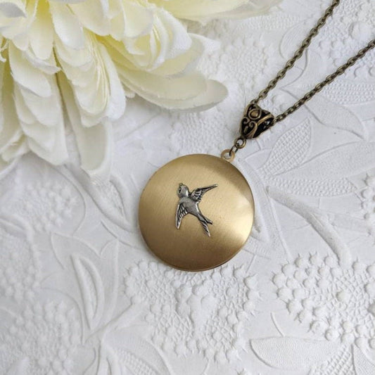Bird Locket Necklace, Round Locket Pendant, Keepsake Jewelry, Mom gift