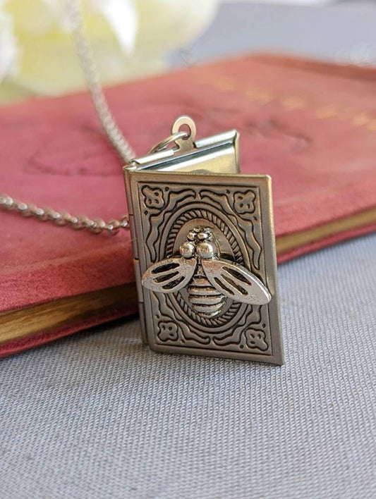 Bee Book Locket Necklace, Dainty Silver Charm Pendant Gift for Reader