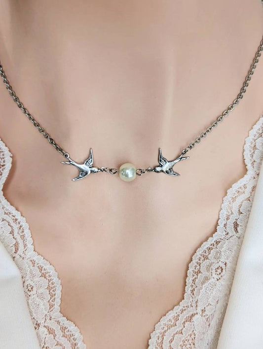Silver Swallow Necklace with Pearl: Bride Wedding Choker, Vintage Bridal Jewelry