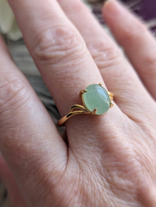 Natural Green Aventurine Solitaire Ring - 18K Gold Vermeil over Sterling Silver - Handmade Gemstone Jewelry - Made in Toronto on a person's finger