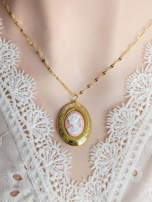 Oval Cameo Locket Necklace: Golden Vintage Style Keepsake