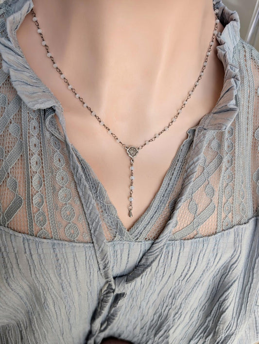 Rainbow Moonstone Y Necklace: Gothic Rosary Bead Choker