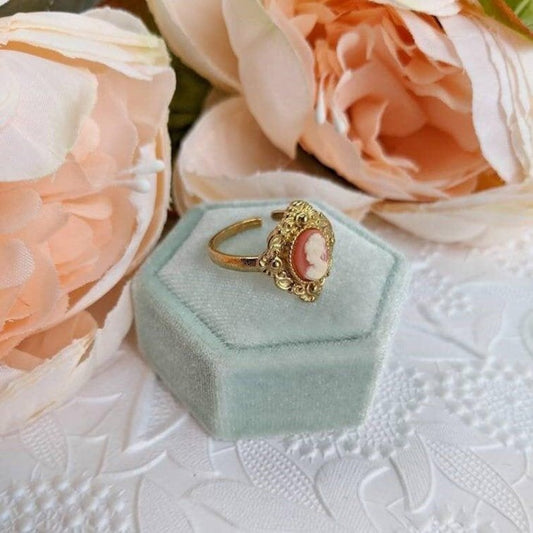 Cameo Ring Carnelian Lady in Golden Brass, Victorian Jewelry, Adjustable