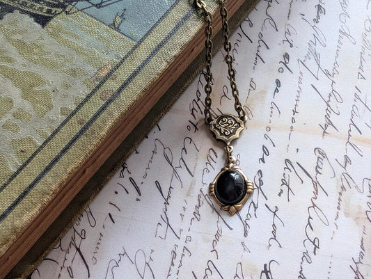 Onyx Necklace | Antiqued Brass Pendant, Vintage Gothic Jewelry