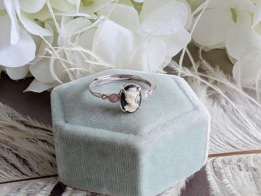Cameo Ring with Cubic Zirconia, Sterling Silver Jewelry, Adjustable Size
