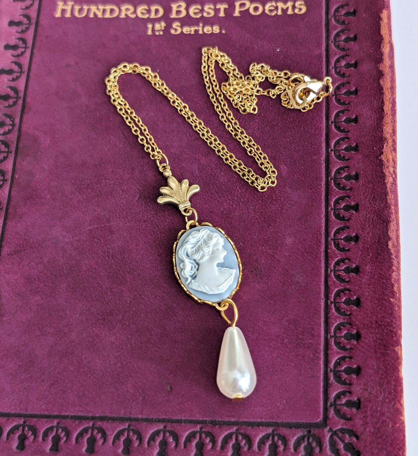 Pearl Cameo Necklace: 14K Gold Plated Vintage Art Deco Pendant