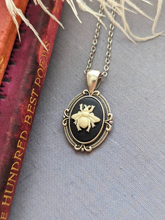 Goth Bee Cameo Necklace, Silver Victorian Honeybee Pendant, Forestcore Nature Jewelry, Dark Romantic Gift
