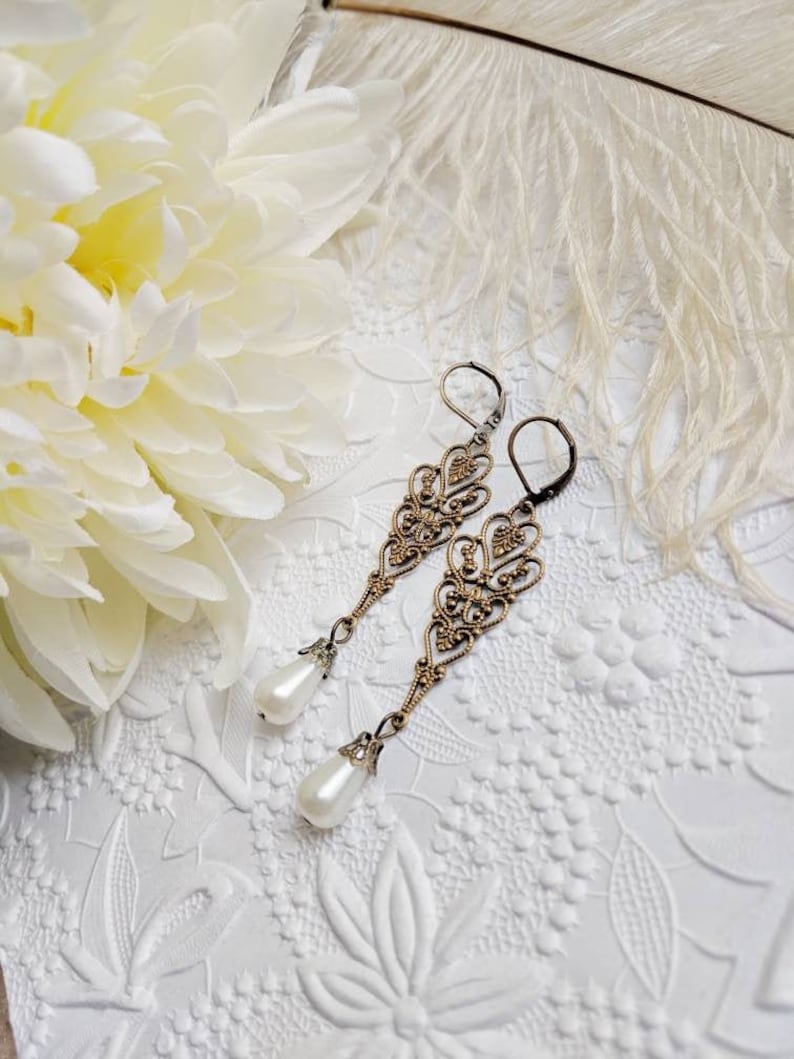 Long Victorian Pearl Drop Earrings - Bronze Filigree Bridal Dangles.