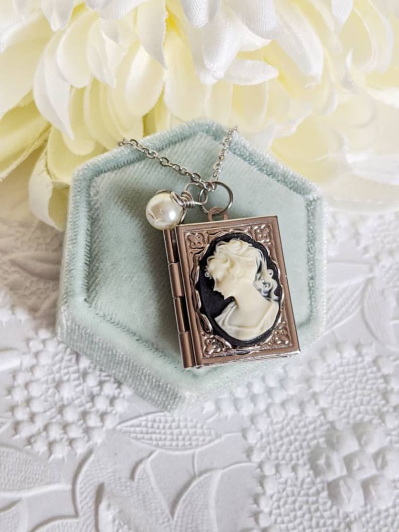 Rose Gold Book Locket Necklace: Cameo & Pearl, Book Lover Gift