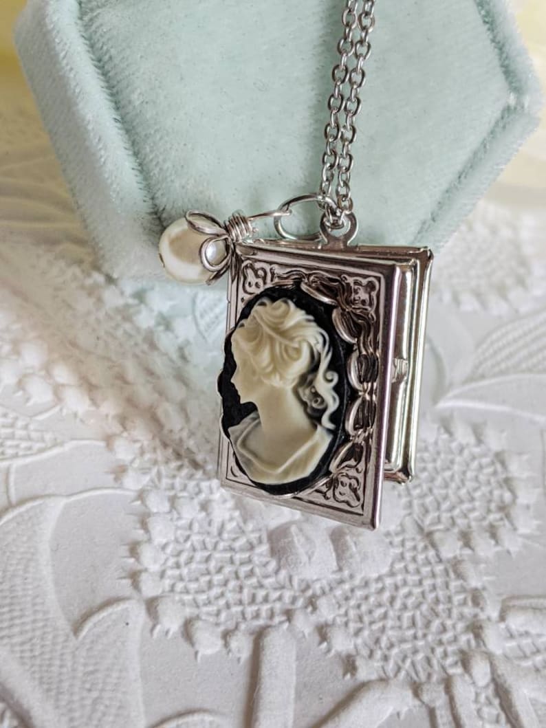 Victorian Book Locket Necklace: Lady Cameo, Book Lover Gift