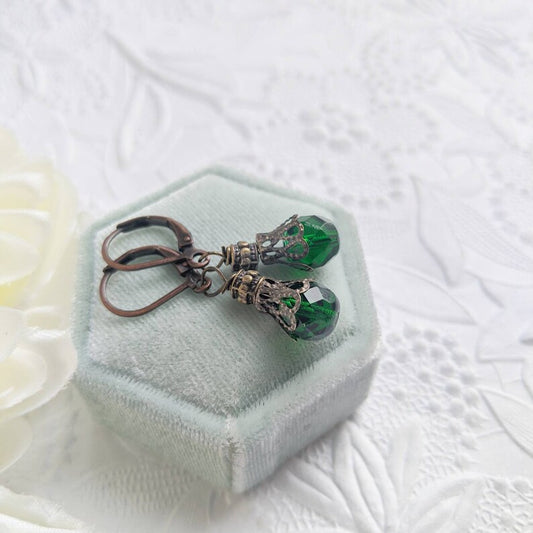 Green Vintage Earrings – Elegant Victorian Glass Bead Dangles