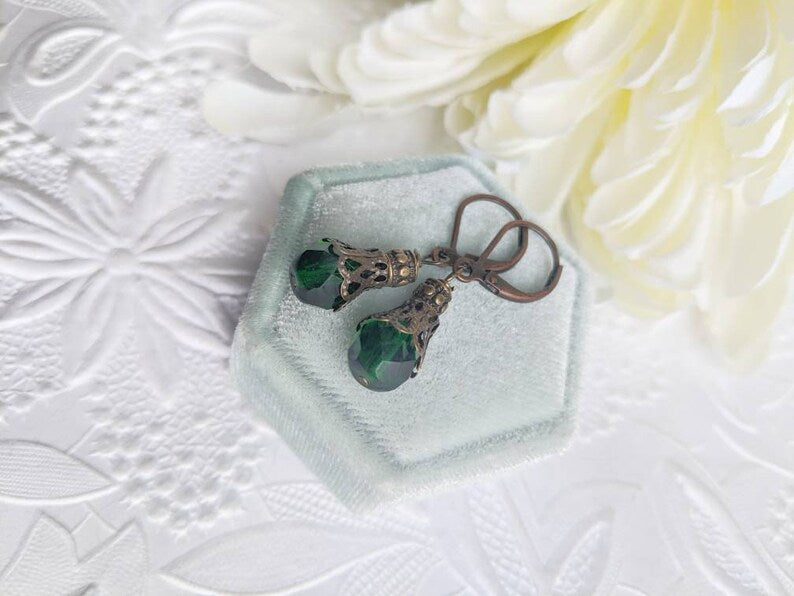 Green Vintage Earrings – Elegant Victorian Glass Bead Dangles