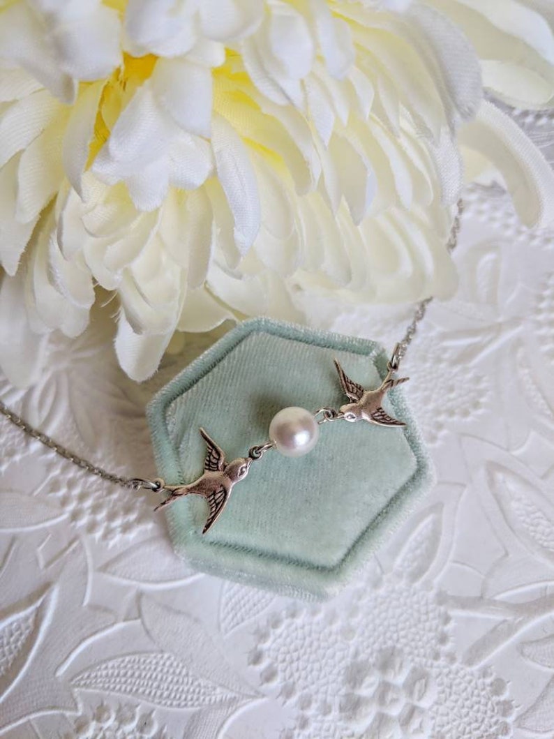 Sparrow Necklace: Bird Choker with Pearl Kiss, Antiqued Finish