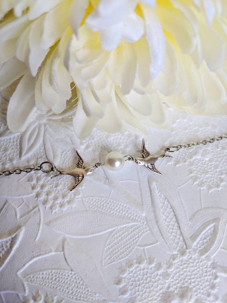 Silver Swallow Necklace with Pearl: Bride Wedding Choker, Vintage Bridal Jewelry