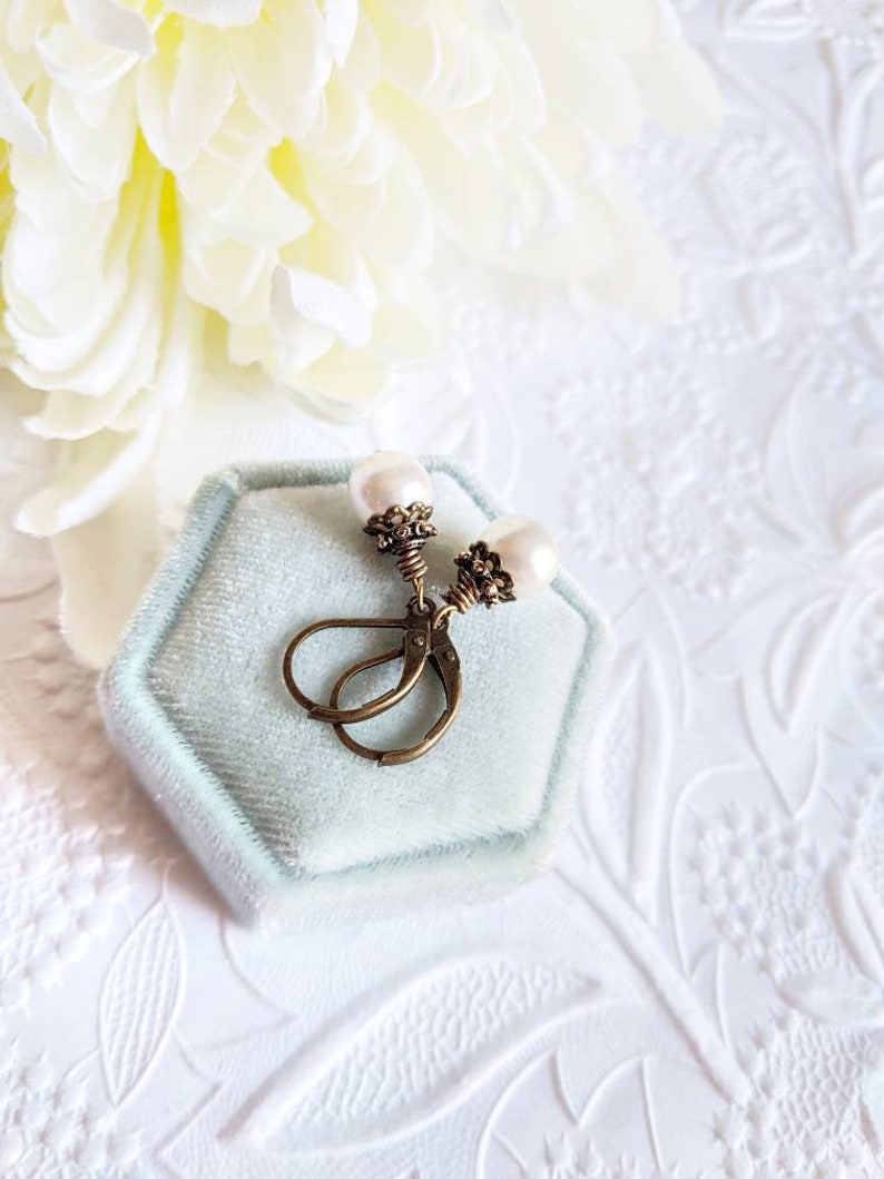 Ivory Pearl Drop Earrings: Vintage Bronze Lever-Back Bridal Jewelry