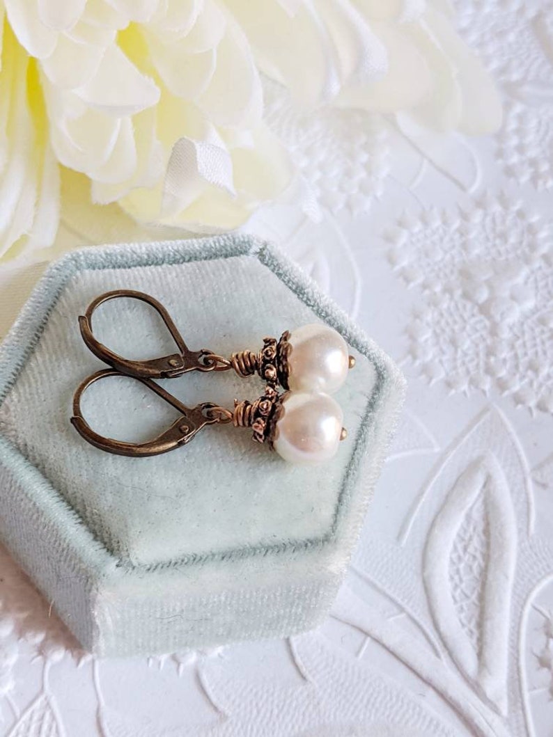 Ivory Pearl Drop Earrings: Vintage Bronze Lever-Back Bridal Jewelry