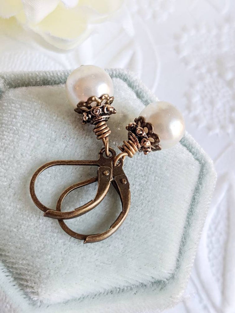 Ivory Pearl Drop Earrings: Vintage Bronze Lever-Back Bridal Jewelry