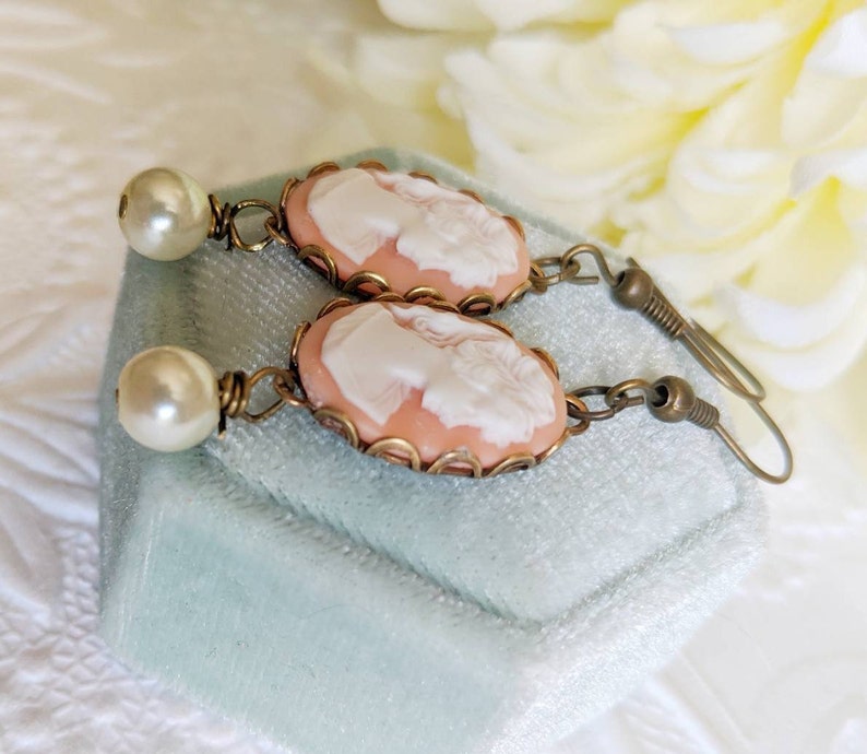 Peach Cameo Pearl Earrings: Victorian Style Brass Dangle Earrings