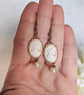 Peach Cameo Pearl Earrings: Victorian Style Brass Dangle Earrings