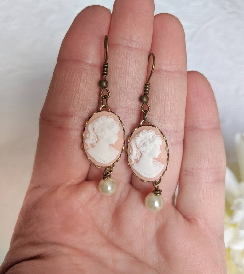 Peach Cameo Pearl Earrings: Victorian Style Brass Dangle Earrings