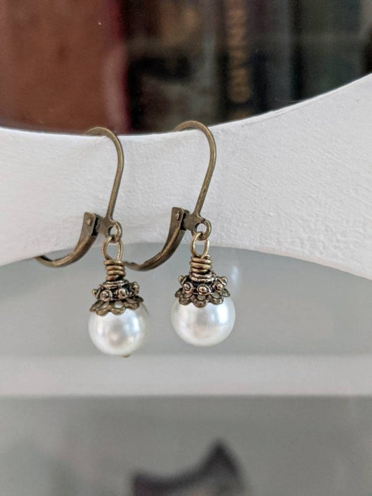 Ivory Pearl Drop Earrings: Vintage Bronze Lever-Back Bridal Jewelry