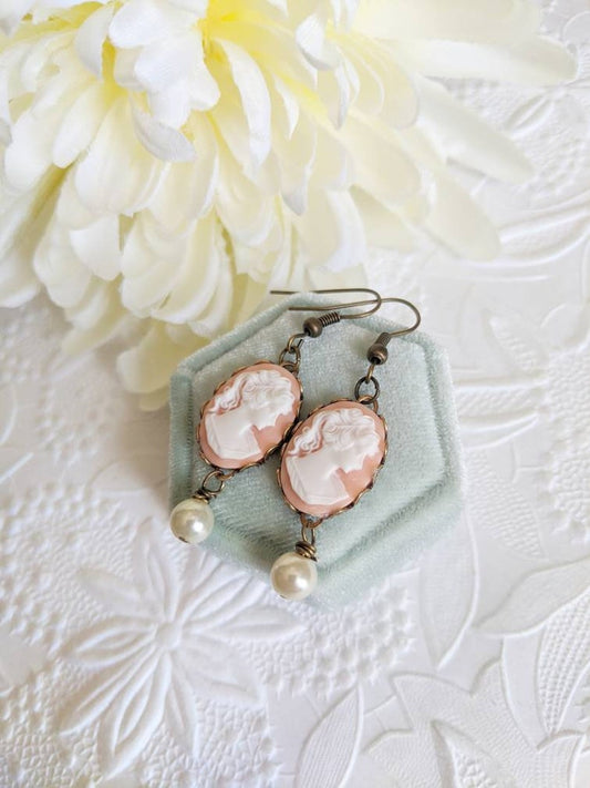 Peach Cameo Pearl Earrings: Victorian Style Brass Dangle Earrings