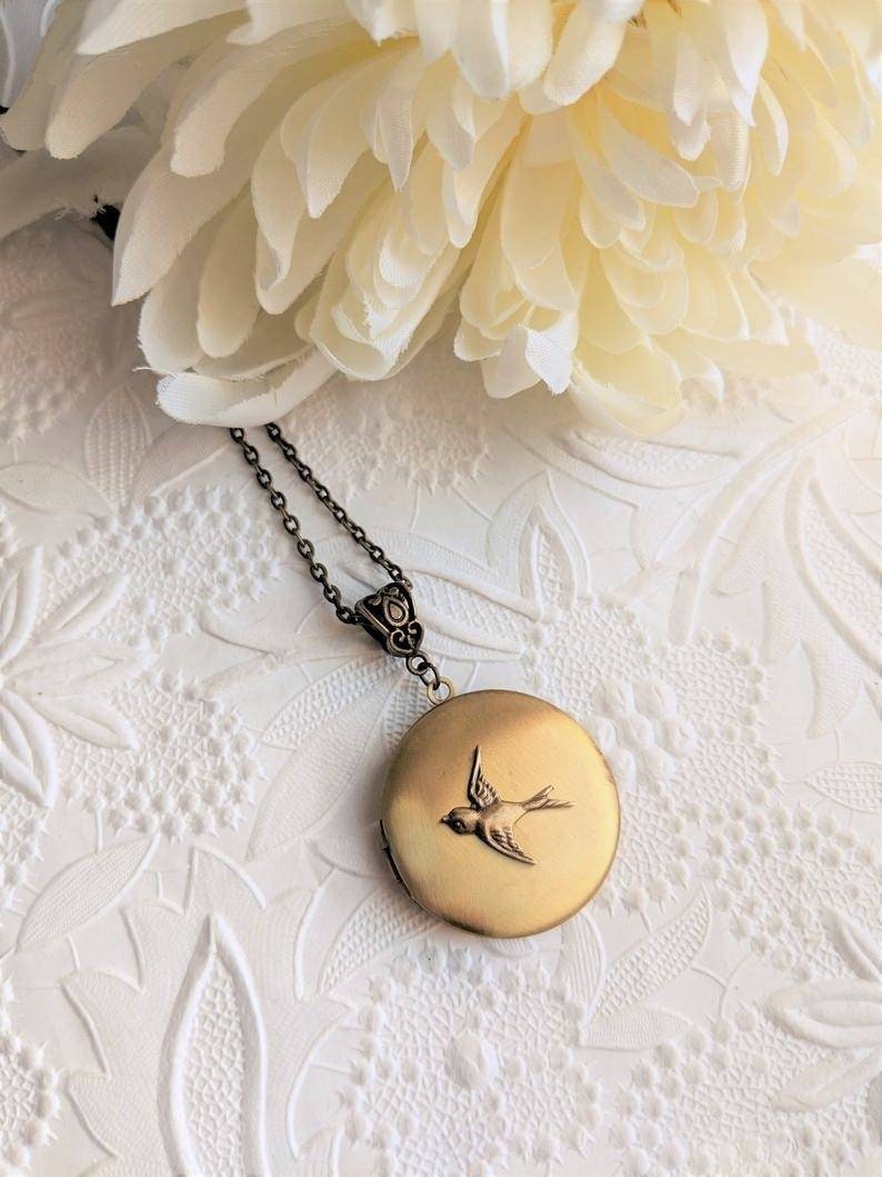 Bird Locket Necklace, Round Locket Pendant, Keepsake Jewelry, Mom gift