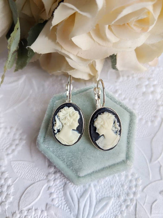 Black Cameo Drop Earrings: Silver Victorian Style Lever Backs