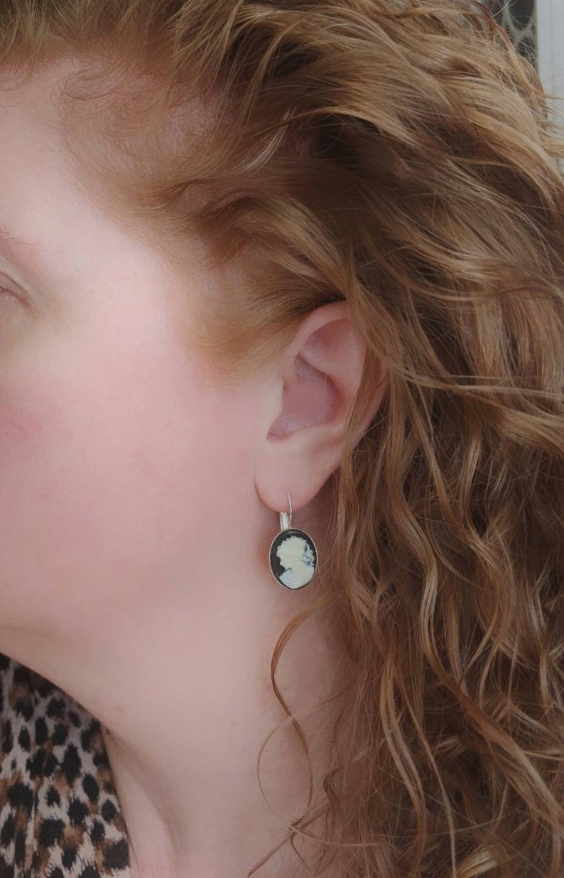 Black Cameo Drop Earrings: Silver Victorian Style Lever Backs