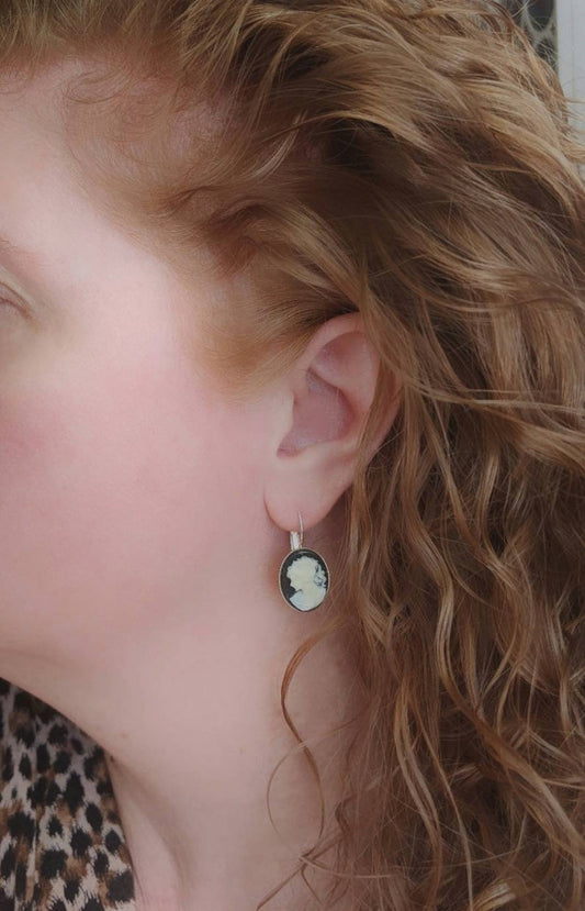 Black Cameo Drop Earrings: Silver Victorian Style Lever Backs