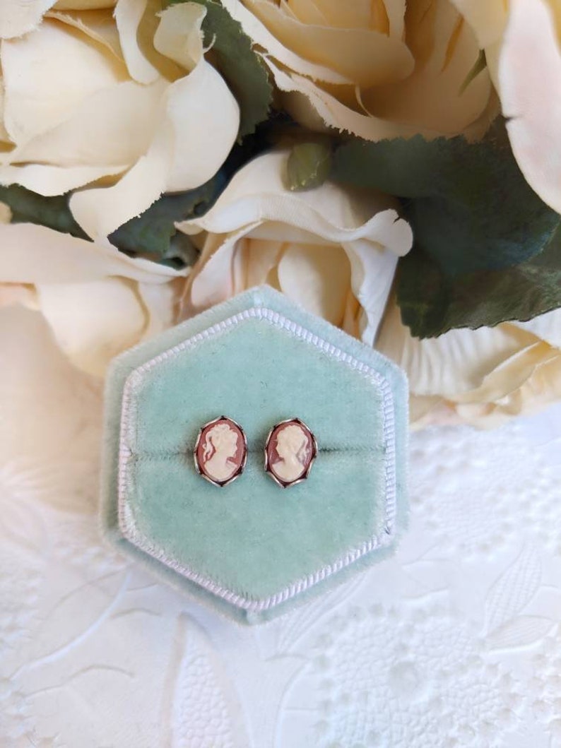 Peach Cameo Stud Earrings: Sterling Silver-Plated, Surgical Steel Posts