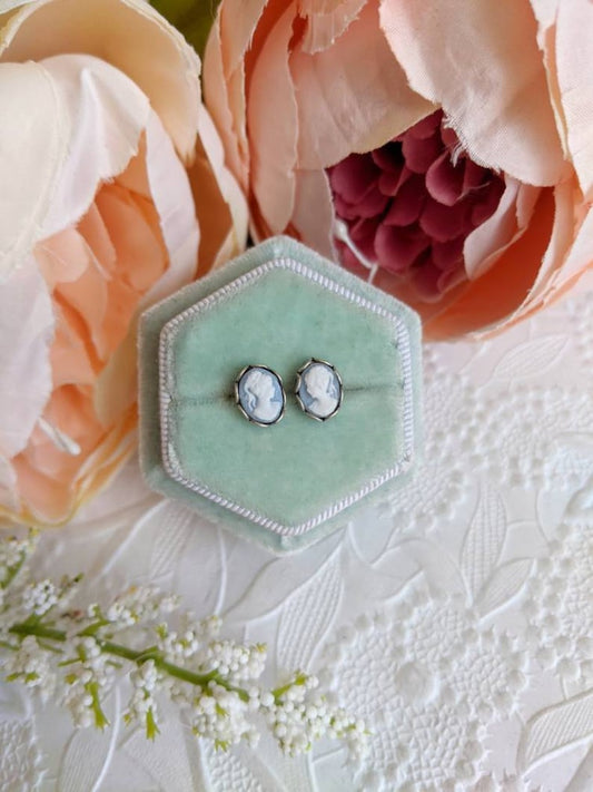 Blue Cameo Stud Earrings, Sterling Silver-Plated, Surgical Steel Posts
