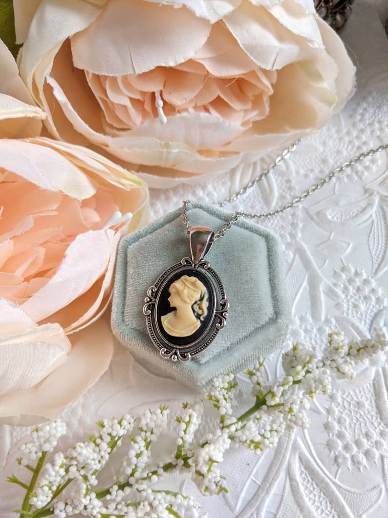 Black Cameo Necklace, Victorian Style Lady Pendant Antiqued Silver