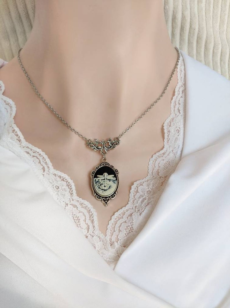 Blue Dragonfly in Lotus Flower Cameo Necklace, Art Nouveau Jewelry