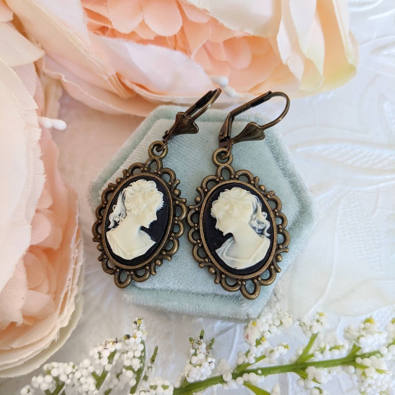 Turquoise Cameo Earrings: Victorian Style Antiqued Bronze Jewelry