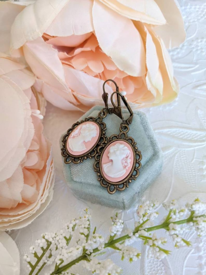 Turquoise Cameo Earrings: Victorian Style Antiqued Bronze Jewelry