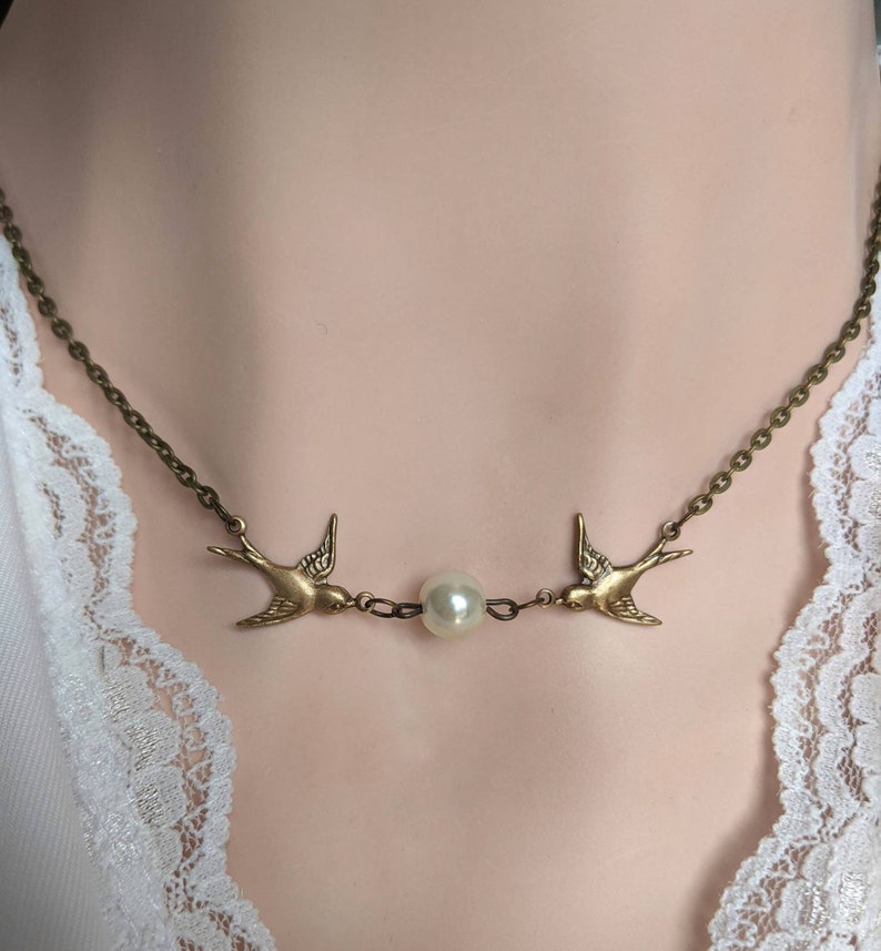 Silver Swallow Necklace with Pearl: Bride Wedding Choker, Vintage Bridal Jewelry