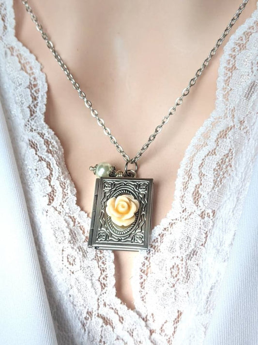 Silver Book Locket Necklace | Resin Flower & Pearl, Handmade Jewelry