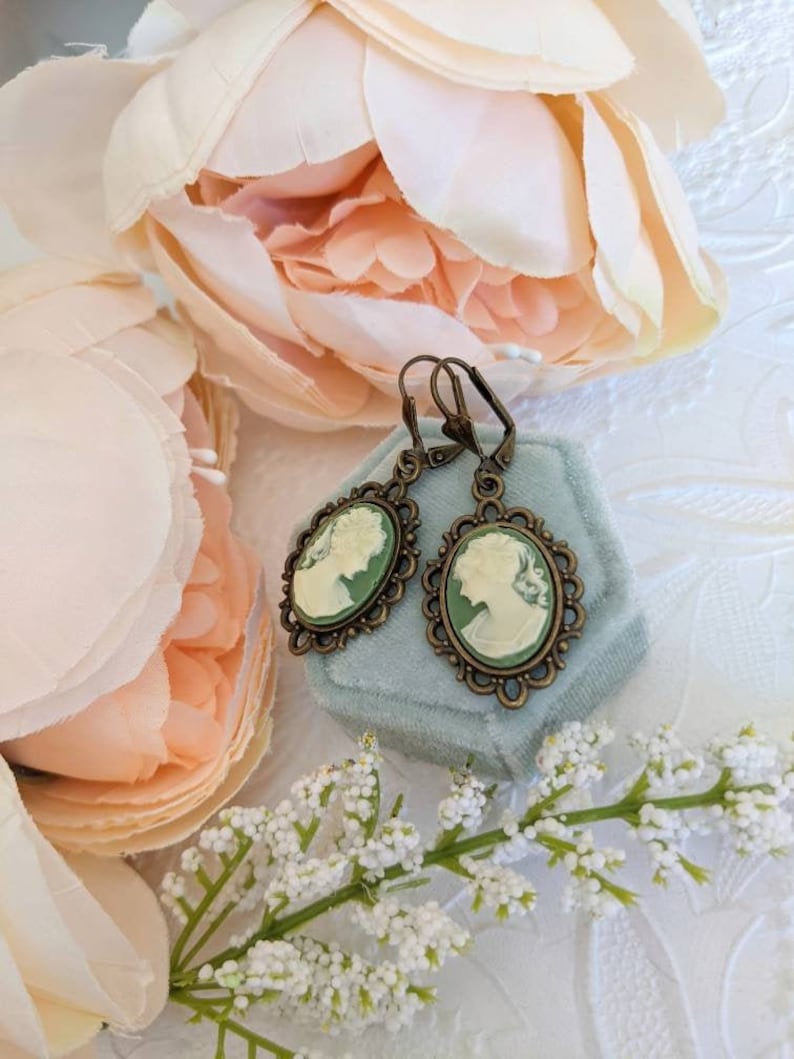 Turquoise Cameo Earrings: Victorian Style Antiqued Bronze Jewelry