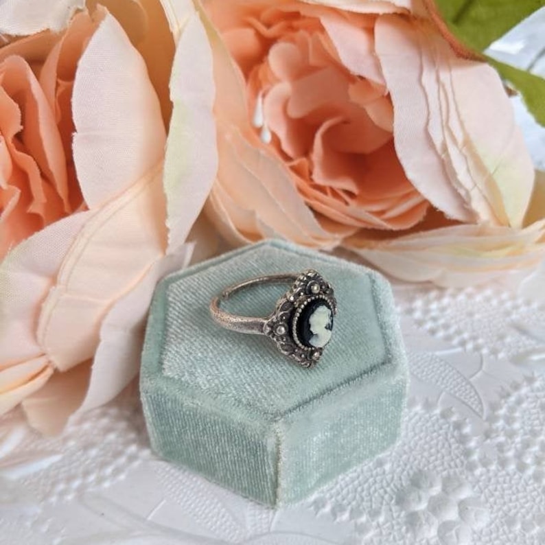 Antiqued Gold Cameo Ring, Adjustable Victorian Style Jewelry