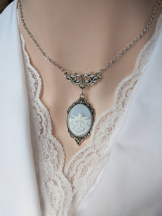 Blue Dragonfly in Lotus Flower Cameo Necklace, Art Nouveau Jewelry