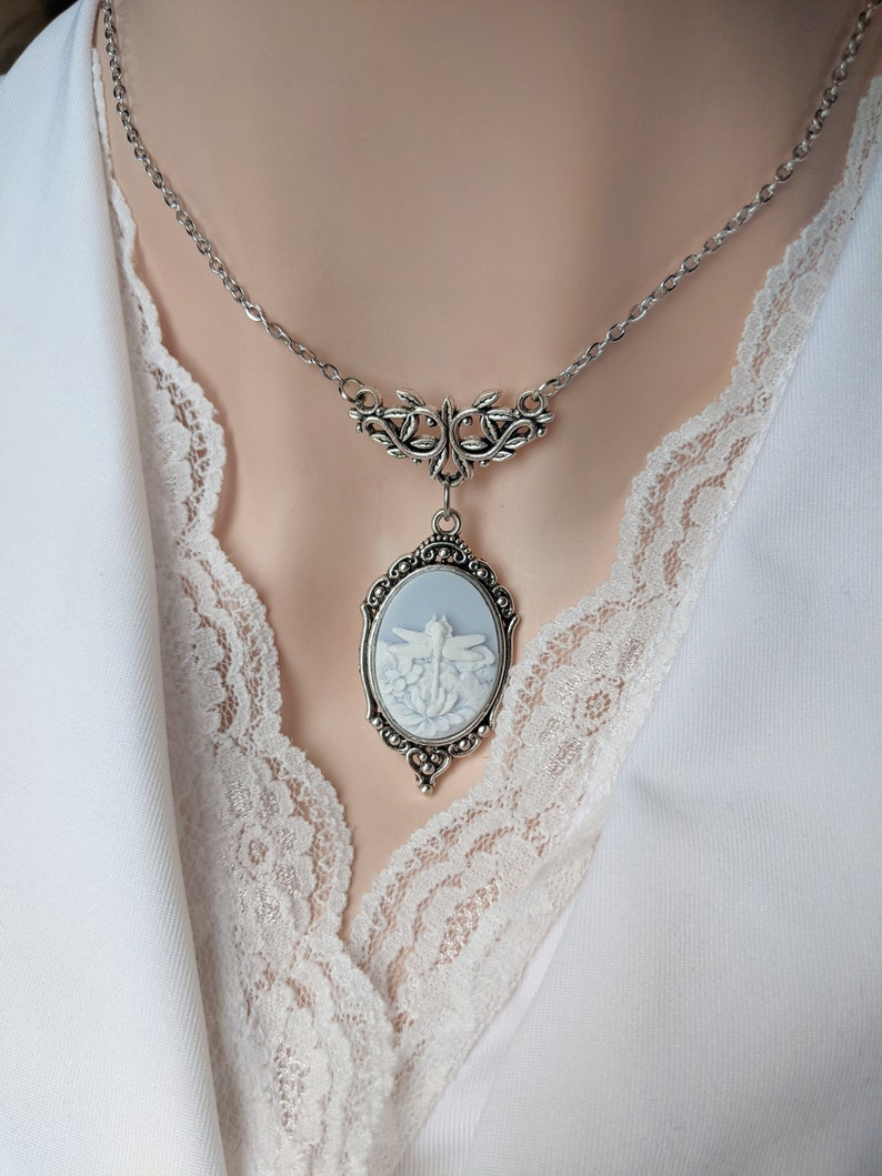 Blue Dragonfly in Lotus Flower Cameo Necklace, Art Nouveau Jewelry