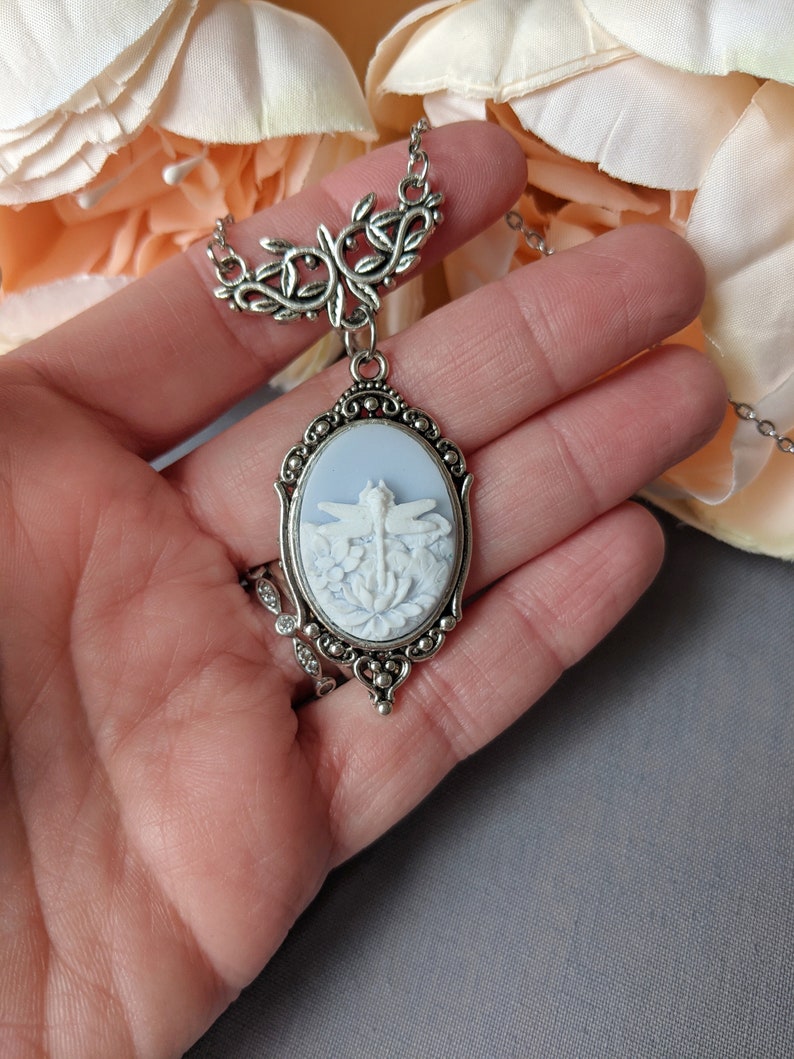 Blue Dragonfly in Lotus Flower Cameo Necklace, Art Nouveau Jewelry