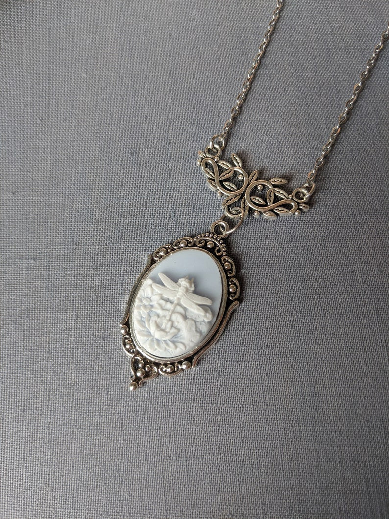 Blue Dragonfly in Lotus Flower Cameo Necklace, Art Nouveau Jewelry