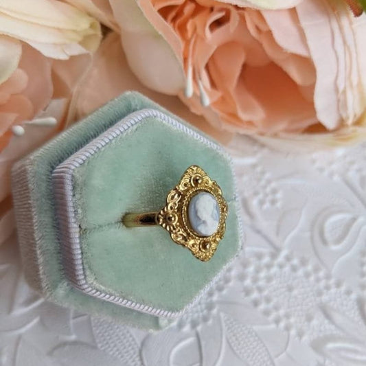 Green Cameo Ring, Victorian Vintage Inspired Jewelry Gift for Historical Fiction Lover