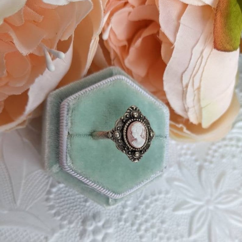 Green Cameo Ring, Vintage Style Adjustable Brass Ring