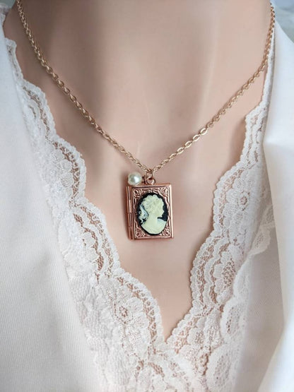 Rose gold book locket necklace with miniature cameo and ivory glass pearl by Papillion Era