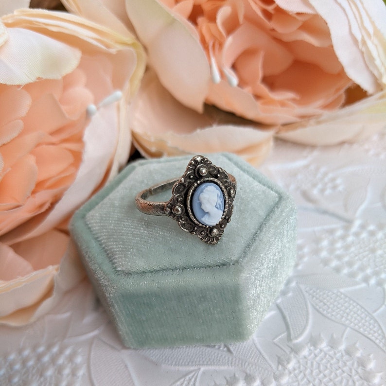 Blue Lady Cameo Ring, Victorian Vintage Style Jewelry Gift