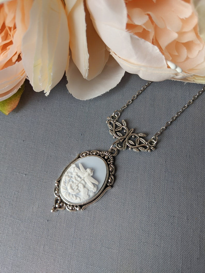 Blue Dragonfly in Lotus Flower Cameo Necklace, Art Nouveau Jewelry