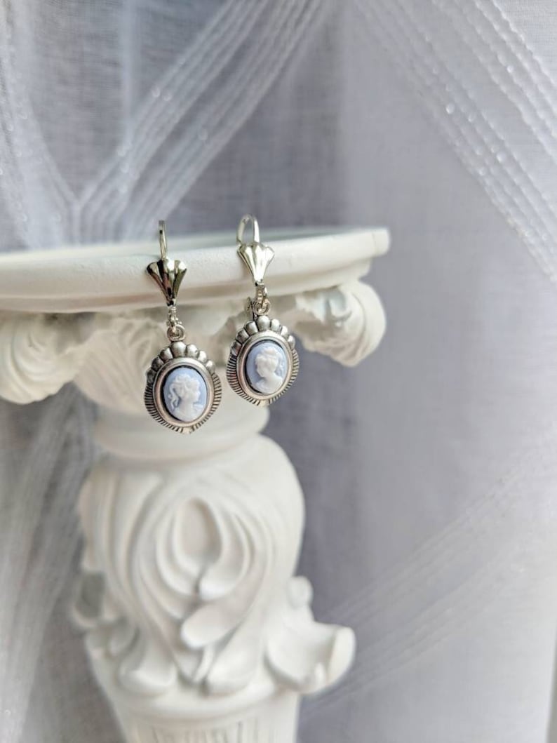 Blue Cameo Earrings: Silver Victorian Style Jewelry, Something Blue